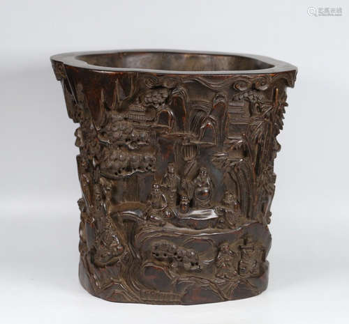 CHENXIANG WOOD BRUSH POT CARVED WITH STORY