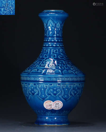 QIANLONGNIANZHI MARK BLUE GLAZE VASE PAINTED WITH BEAST PATT...