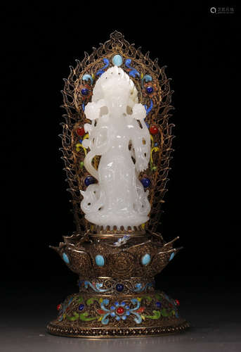 HETIAN JADE GUANYIN BUDDHA WITH GILT SILVER BASE