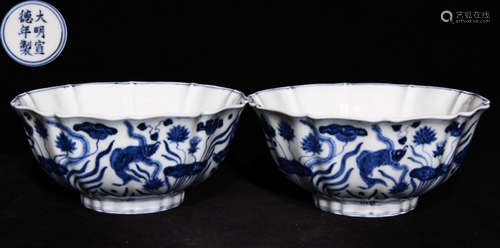 DAMINGXUANDENIANZHI MARK BLUE&WHITE GLAZE BOWL PAIR