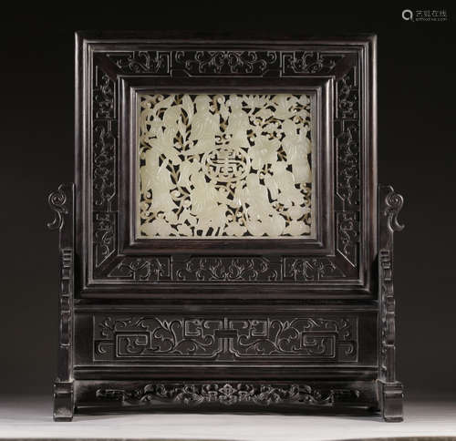 HETIAN WHITE JADE SCREEN WITH ZITAN WOOD FRAME