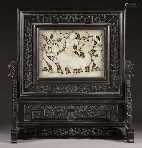 HETIAN WHITE JADE SCREEN WITH ZITAN WOOD FRAME