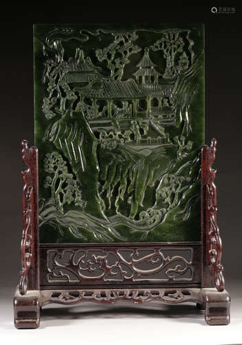 HETIAN GREEN JADE SCREEN CARVED WITH LANDSCAPE