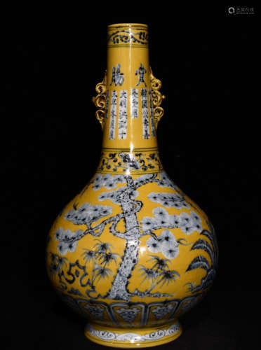 BLUE&YELLOW GLAZE VASE PAINTED WITH FLOWER&BAMBOO