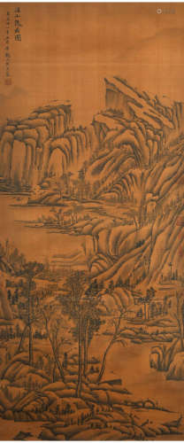 A chinese landscape paper scroll, wang meng mark