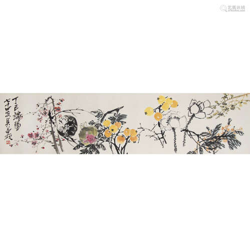 A chinese autumn view painting scroll, wu changshuo mark