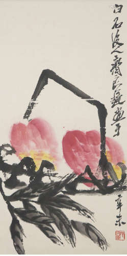 A chinese peaches painting scroll, qi liangchi mark