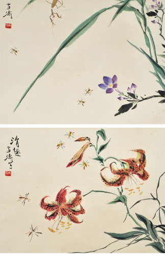 A chinese flowers&bugs painting scroll, wang xuetao mark