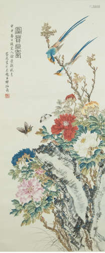 A chinese auspicous flowers painting scroll, cai xian mark