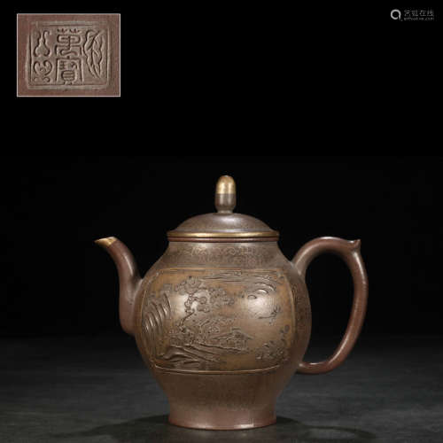 a gilt-inlaid clay landscape lantern-formed teapot
