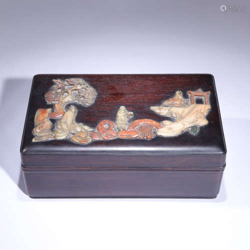 a shoushan stone inlaid sandalwood box and cover