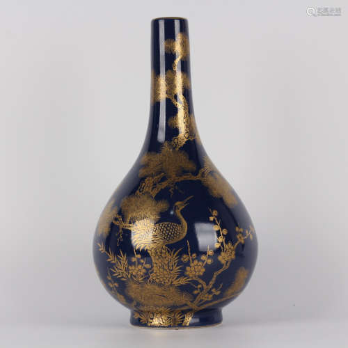 A gilt-inlaid blue-glazed flowers&birds Bottle vase