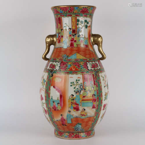 A guangcai figure double-eared Fu Porcelain vase
