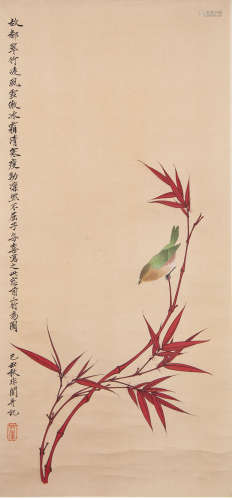 A chinese sparrow painting scroll, yu feian mark