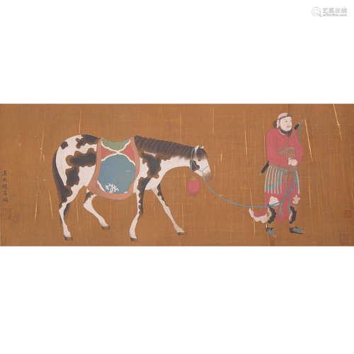A chinese horsing painting scroll, zhao zi’ang mark