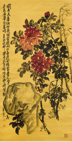 A chinese flowers painting scroll, wu changshuo mark
