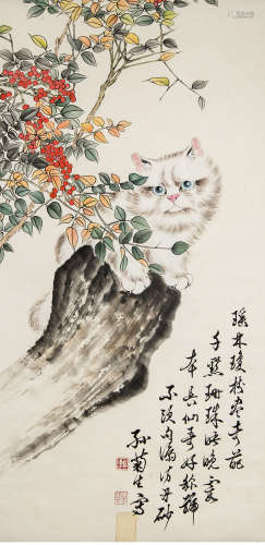 A chinese cat painting scroll, sun jusheng mark