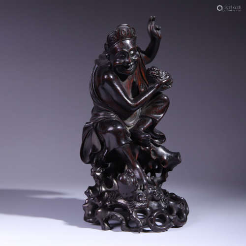 A carved sandalwood liuhai and his toad