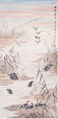 A chinese wild goose and reed painting scroll, wu qingxia ma...