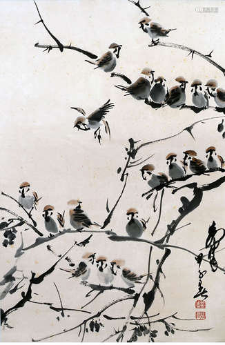 A chinese sparrows painting scroll, huang zhou mark