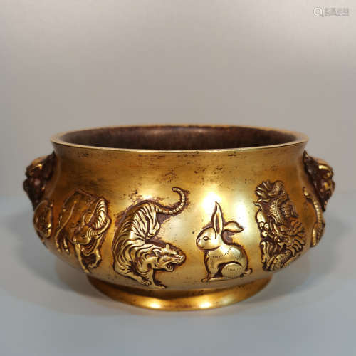 A gilt bronze zodiac lion-eared incense burner