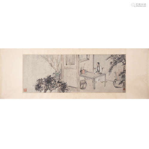 A chinese figures painting scroll, fu baoshi mark