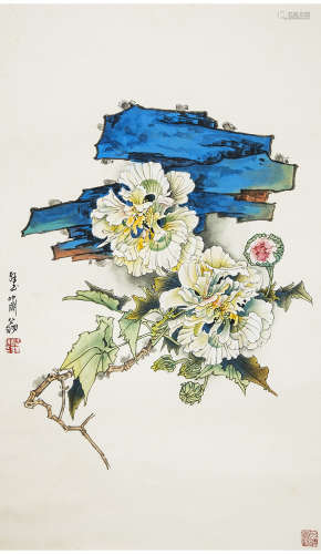 A chinese flowers painting scroll, zheng naiguang mark