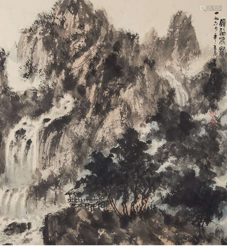 A chinese landscape painting scroll, fu baoshi mark