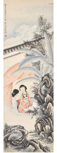 A chinese figure painting scroll, he tianjian mark