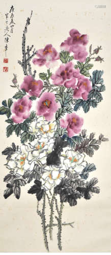A chinese flowers painting scroll, chen banding mark