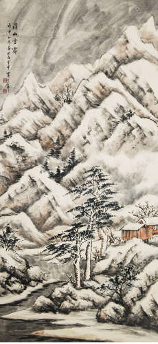 A chinese snowscape painting scroll, Huang junbi mark