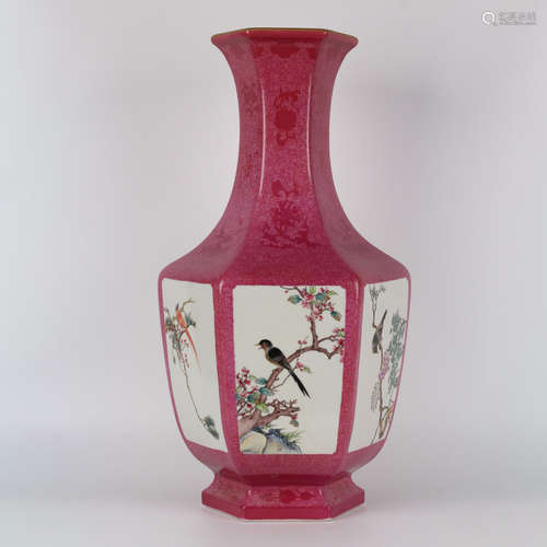 A rouge-red-glazed flowers&birds hexagonal vase