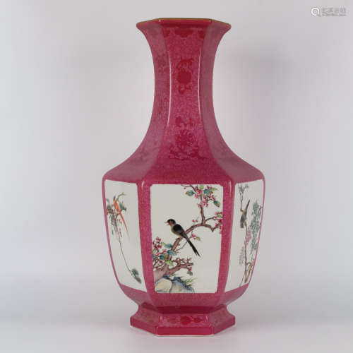 A rouge-red-glazed flowers&birds hexagonal vase