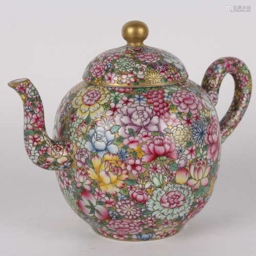 A gilt-inlaid famille rose millefleurs teapot