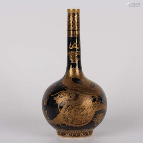 A gilt-inlaid dark-ground dragons&clouds bottle vase