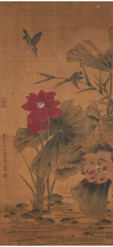 A chinese lotus&birds paper scroll, wang yuan mark