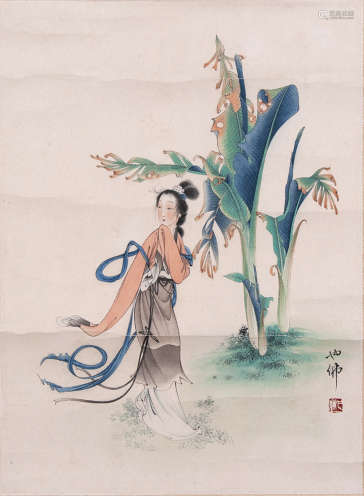 A chinese lady painting scroll, hu yefo mark