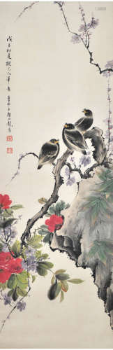 A chinese flowers&birds painting scroll, yan bolong mark