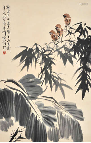 A chinese bamboo&sparrow paper scroll, sun qifeng mark