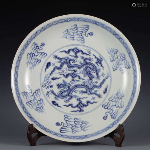 A Blue And White Dragons Plate