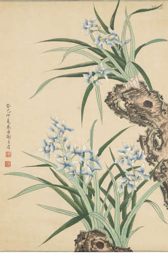 A chinese orchid&stone painting scroll, xie yuemei mark