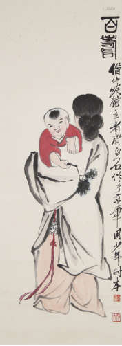 A chinese figure painting scroll, qi baishi mark