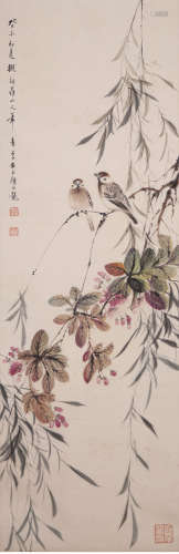 A chinese sparrow painting scroll, yan bolong mark