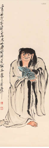 A chinese liuhai and his toad painting scroll, qi baishi mar...