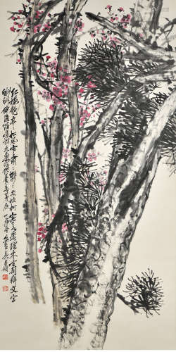 A chinese pine&plum blossom painting scroll, wu changshuo ma...