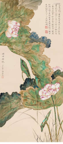 A chinese lotus painting scroll, wu hufan mark