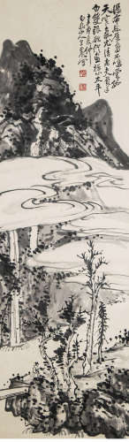 A chinese waterfall painting scroll, wangzhen mark