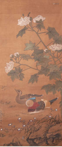 A chinese mandarin duck and poeny painting scroll, jiang tin...