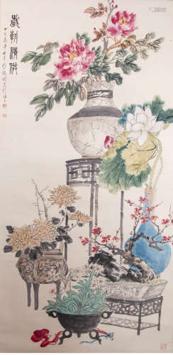 A chinese furnishings painting scroll, kong xiaoyu mark