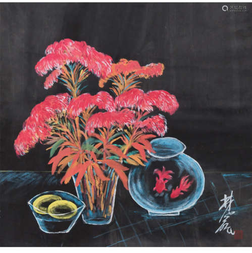 A chinese flowers painting scroll, lin fengmian mark